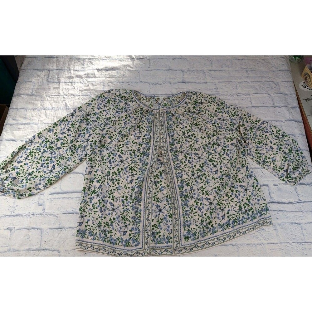 Max Studio Womens Top Blouse Sz 1X Floral Balloon Long Sleeve Button Neck Pleat